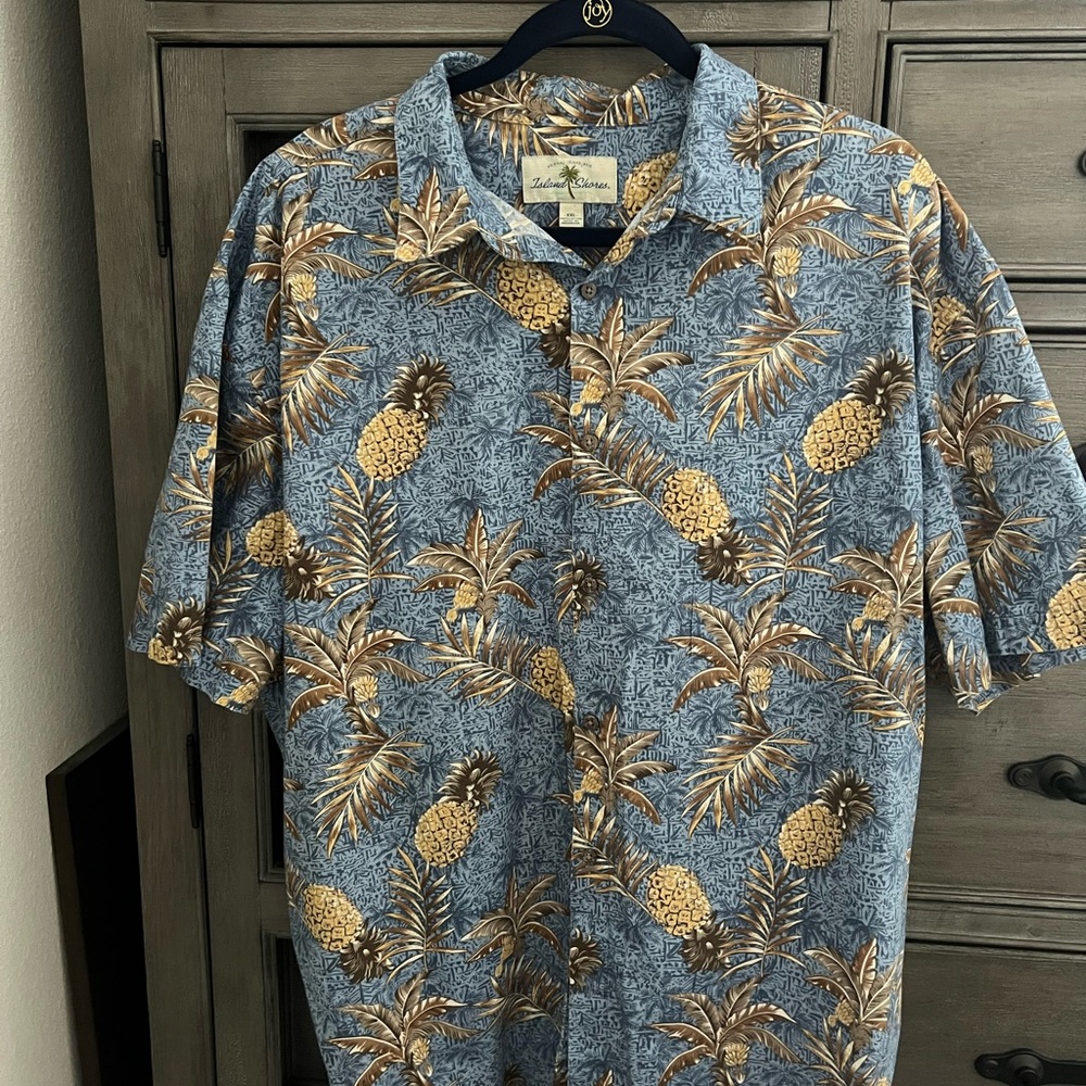 Casual Button Down Shirt in Blue with Tropical Pineapple Print